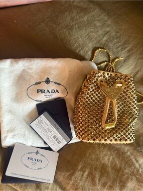 Authentic Prada Mini Gold Bucket Bag in Crystal-Embellished Satin